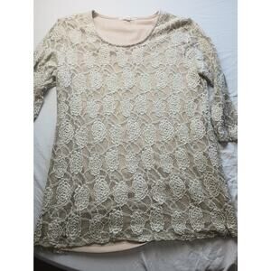 Women Tan Boho Lace Top Blouse Fairy Pleasant Shade pull over Neutral XL